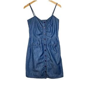 Grane dress juniors XL navy blue chambray spaghetti strap button front smocked